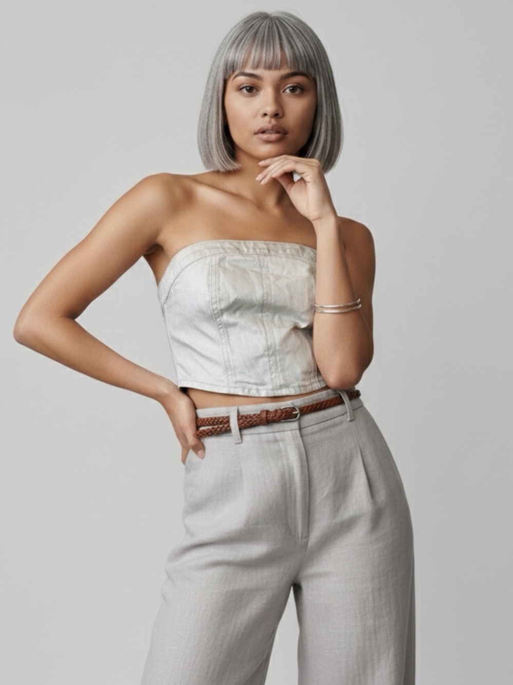 Zara Metallic Silver-White
Strapless Denim Bustier Top, S, EUC